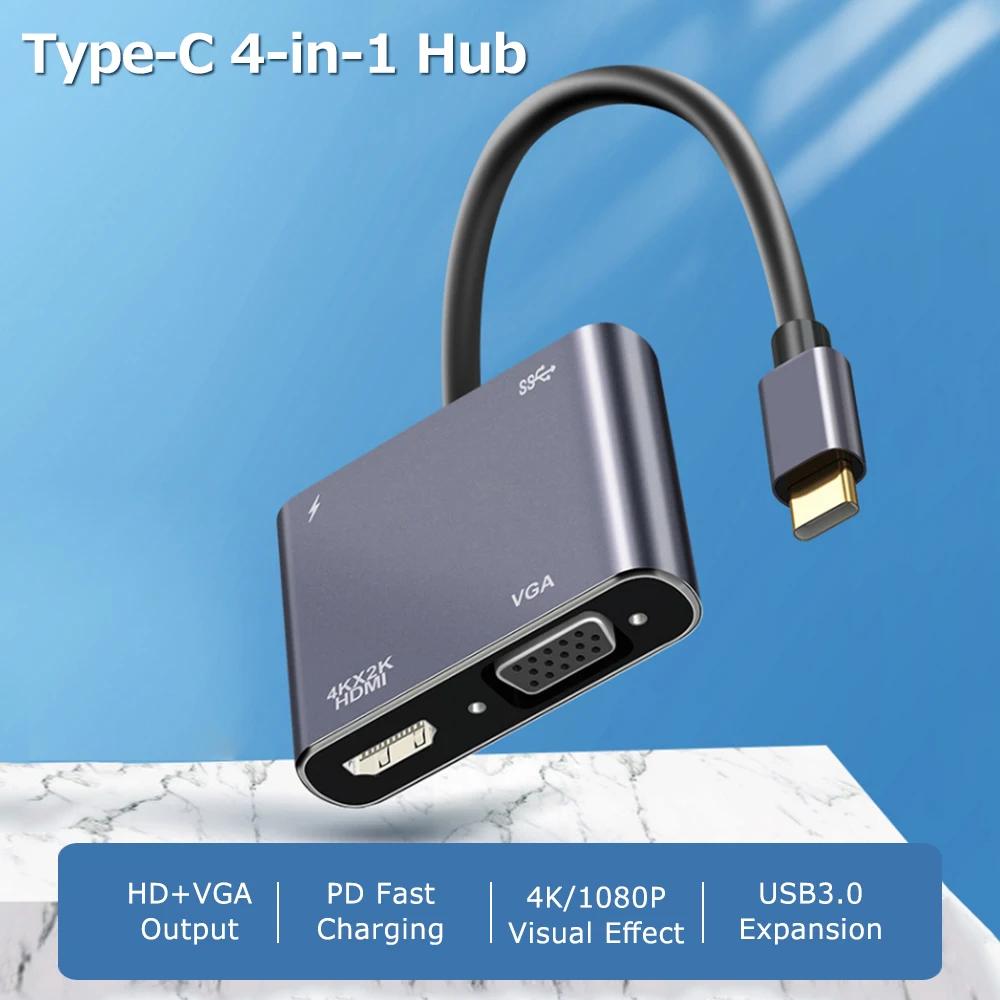 4-in-1 Type-C Hub Type-C Converter Aluminum Alloy Shell up to 4K Resolution HD+VGA+USB3.0+PD Charging Ports Multifun
